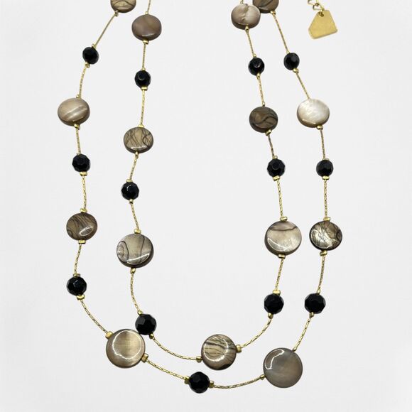 Park Lane Station Necklace Layered Shell Disc Glass Bead Tiered Gold Tone Beige - Picture 5 of 8